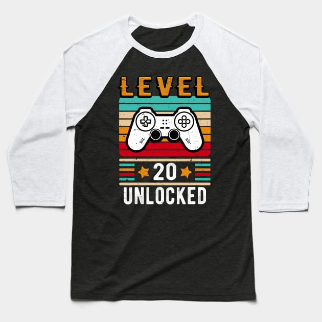 Level 20 Unlocked Birthday Retro Vintage Gamer Fun Baseball T-Shirt by Foxxy Merch